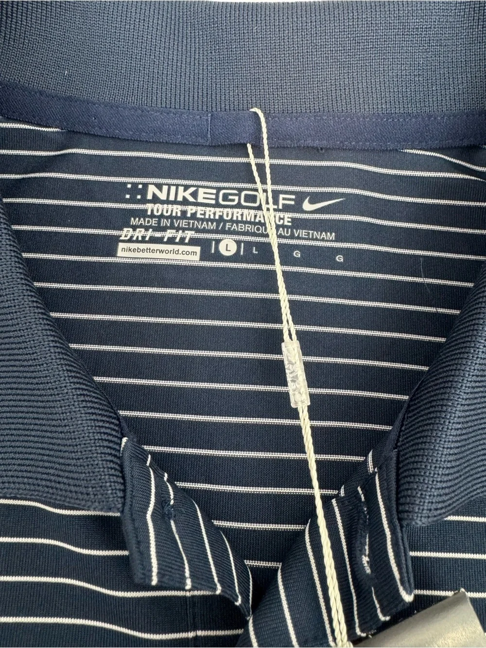 NWT Nike Men’s L Golf Dri Fit Navy Blue White Striped Polo Shirt 585748-419